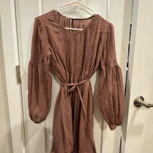 Mauve Textured Long Sleeve Belted Dress